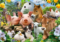 tapet för barn med häst, grisar och andra djur på en bondgård