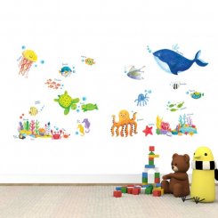 Barndekor för väggen med fiskar och en stor blå val