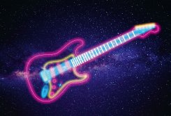 Gitarr mot lila bakgrund i neonfärger som fondtapet