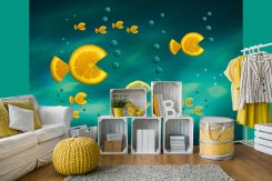 Modern fondtapet med coola citronskivor som simmar i havet