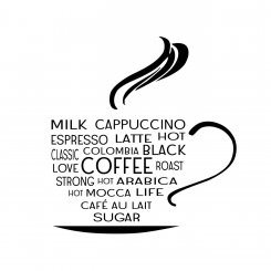 Väggdekor kaffekopp med ord kring kaffe