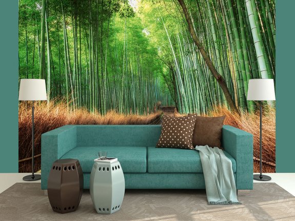 Fototapet med bambu träd och stig i gröna färger för inredning