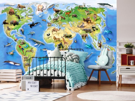 världkarta för barnrummet med vilda djur