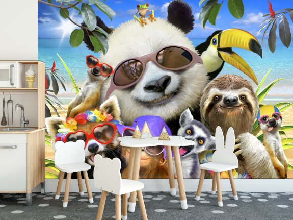 Barntapet med panda och andra djur som tar en selfie