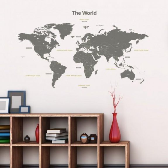 Väggdekor - Världskarta i grå färg